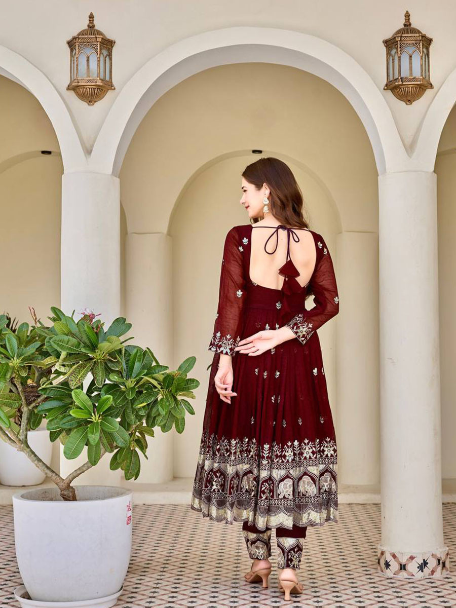 Maroon Heavy Crunchy Silk Embroidery Festival Party Wedding Ready Anarkali Pant Salwar Kameez