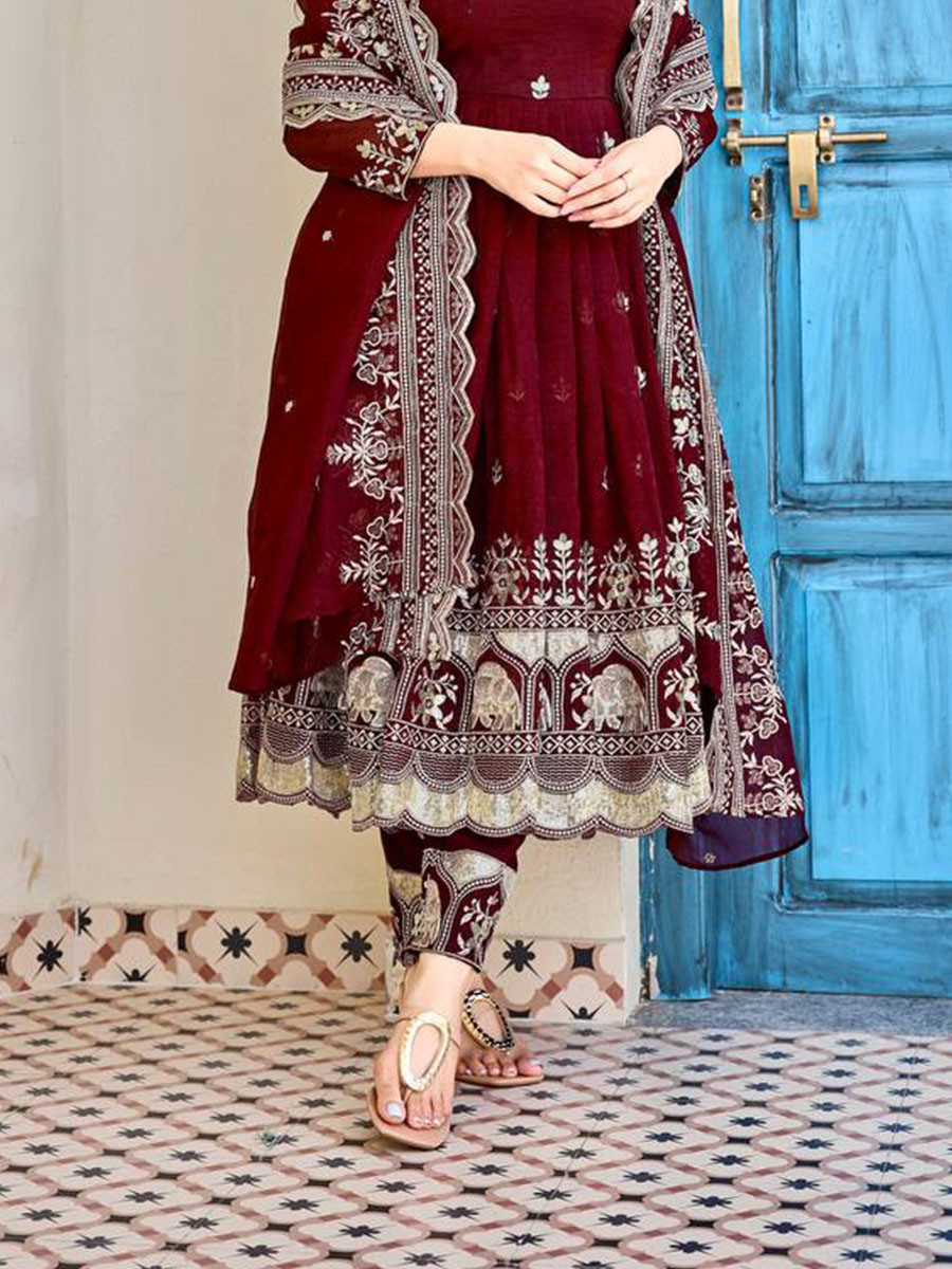 Maroon Heavy Crunchy Silk Embroidery Festival Party Wedding Ready Anarkali Pant Salwar Kameez
