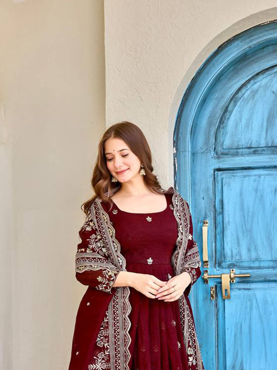 Maroon Heavy Crunchy Silk Embroidery Festival Party Wedding Ready Anarkali Pant Salwar Kameez