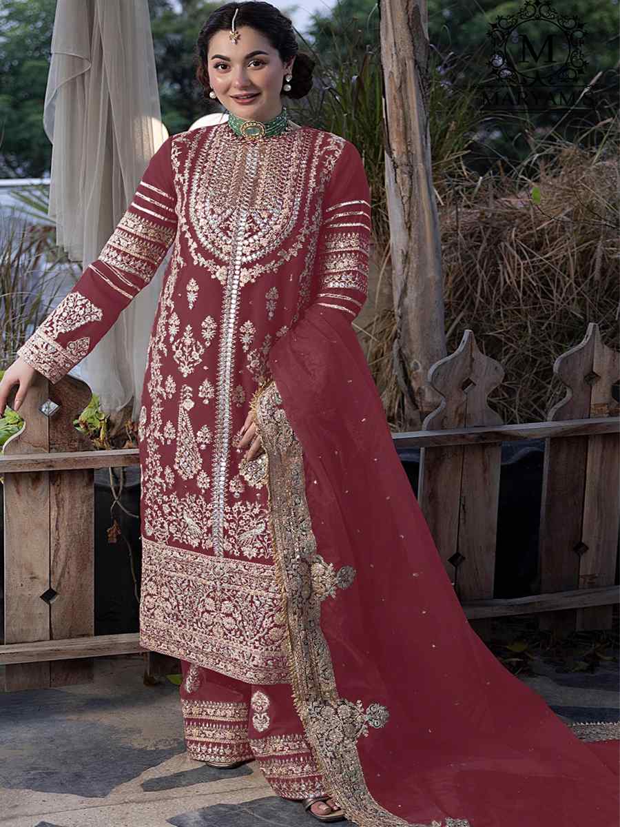 Maroon Heavy Faux Georgette Embroidered Festival Wedding Palazzo Pant Salwar Kameez