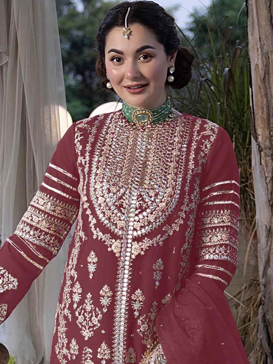Maroon Heavy Faux Georgette Embroidered Festival Wedding Palazzo Pant Salwar Kameez