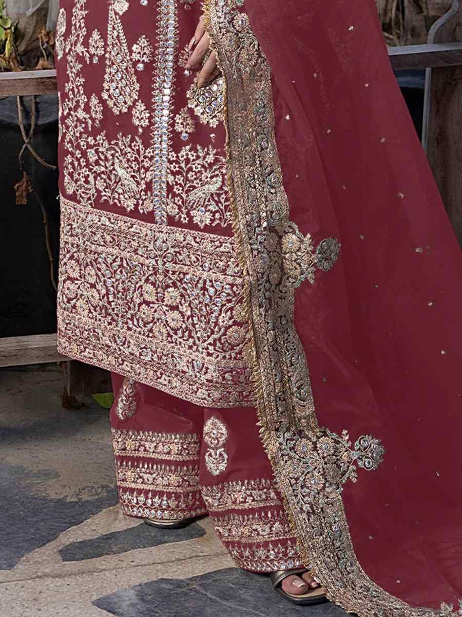 Maroon Heavy Faux Georgette Embroidered Festival Wedding Palazzo Pant Salwar Kameez