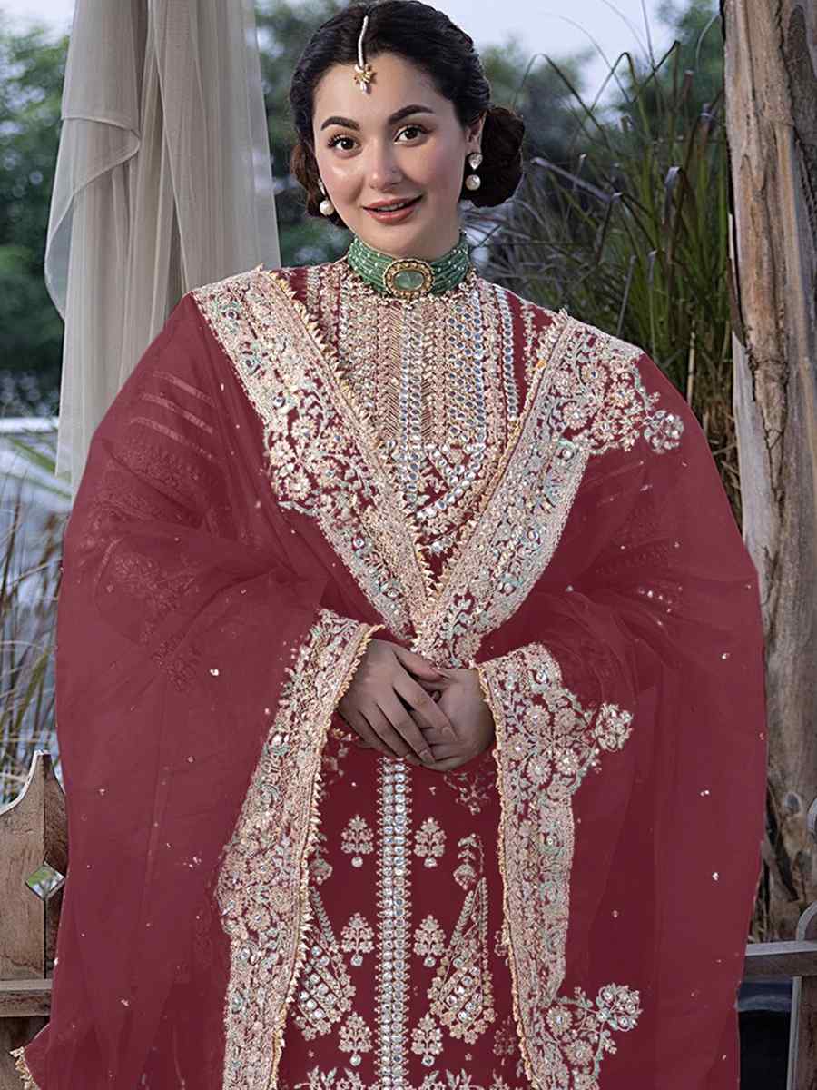 Maroon Heavy Faux Georgette Embroidered Festival Wedding Palazzo Pant Salwar Kameez
