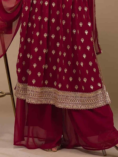 Maroon Heavy Faux Georgette Embroidered Festival Wedding Palazzo Pant Salwar Kameez