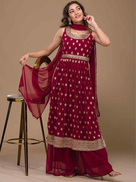 Maroon Heavy Faux Georgette Embroidered Festival Wedding Palazzo Pant Salwar Kameez