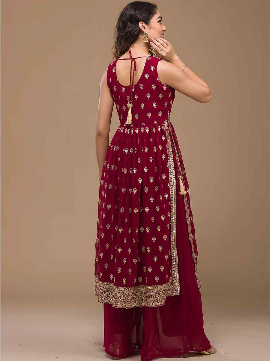 Maroon Heavy Faux Georgette Embroidered Festival Wedding Palazzo Pant Salwar Kameez