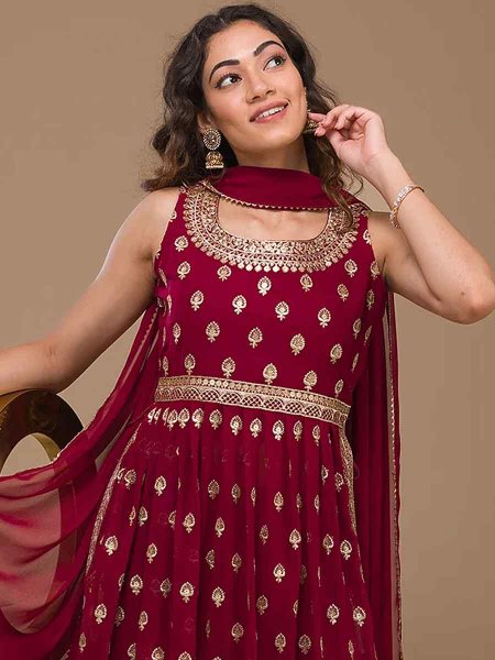 Maroon Heavy Faux Georgette Embroidered Festival Wedding Palazzo Pant Salwar Kameez