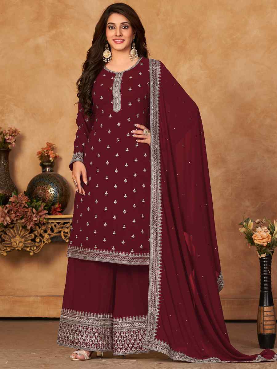 Maroon Heavy Faux Georgette Embroidered Festival Wedding Palazzo Pant Salwar Kameez
