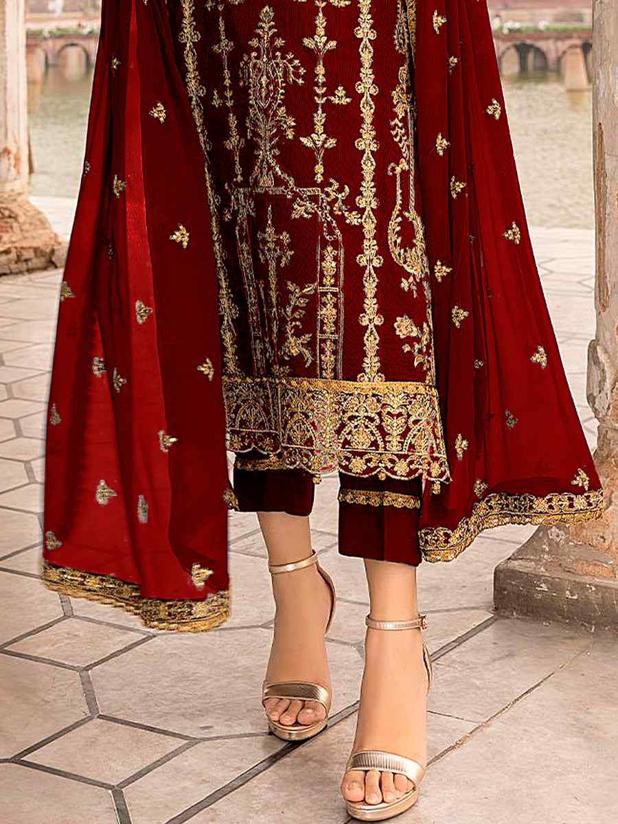 Maroon Heavy Faux Georgette Embroidered Festival Wedding Pant Salwar Kameez