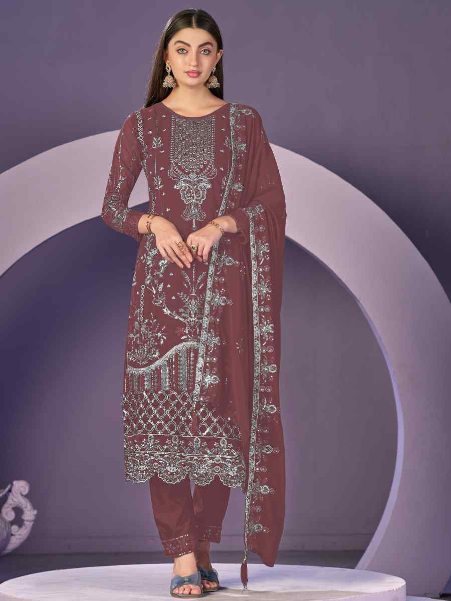 Maroon Heavy Faux Georgette Embroidered Festival Wedding Pant Salwar Kameez