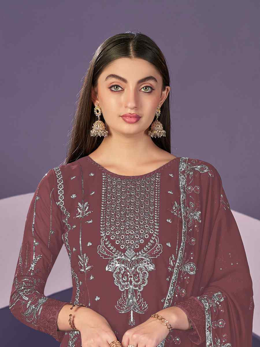 Maroon Heavy Faux Georgette Embroidered Festival Wedding Pant Salwar Kameez