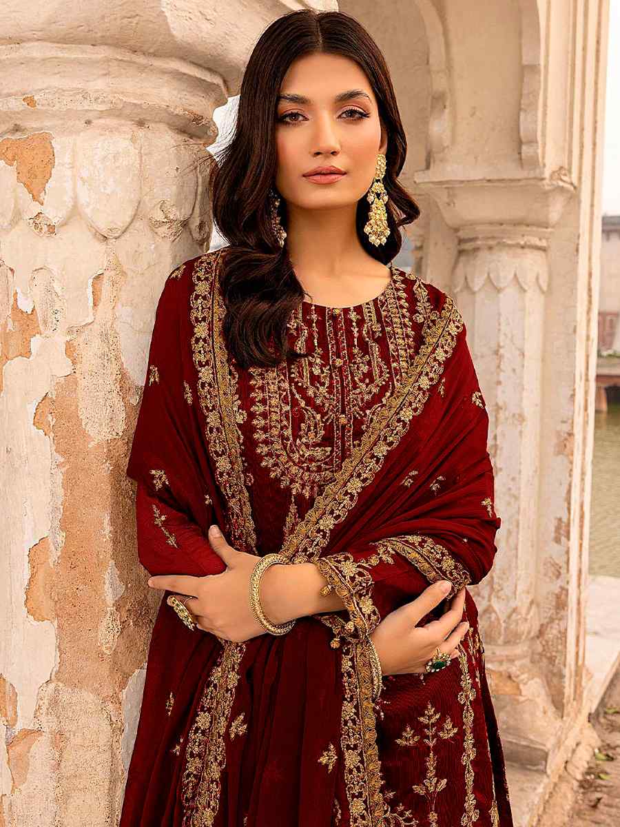 Maroon Heavy Faux Georgette Embroidered Festival Wedding Pant Salwar Kameez