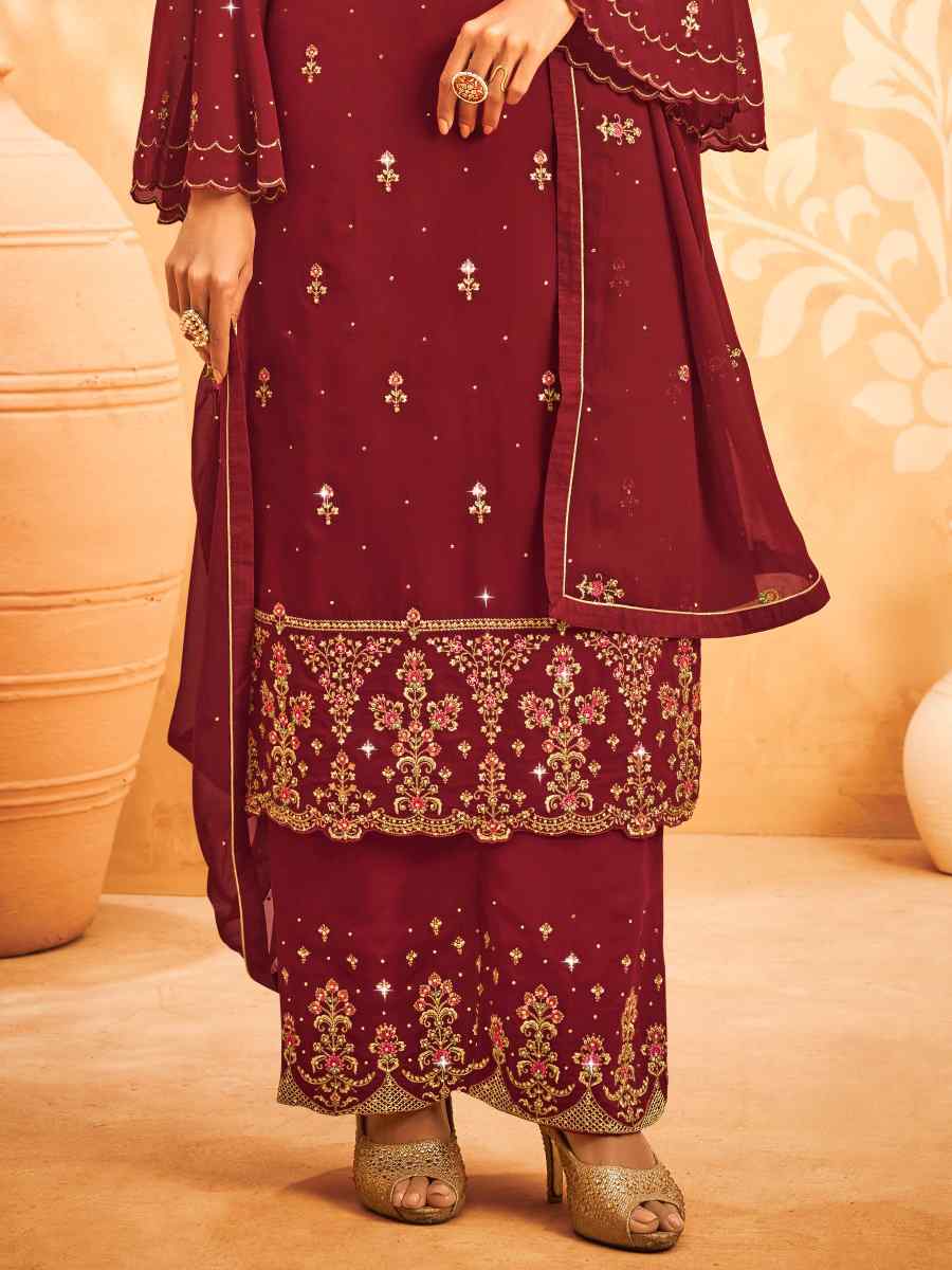 Maroon Heavy Faux Georgette Embroidered Festival Wedding Pant Salwar Kameez