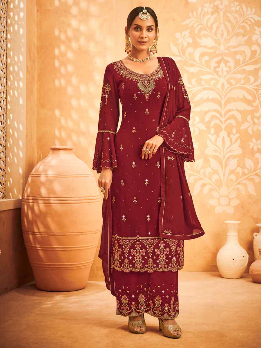 Maroon Heavy Faux Georgette Embroidered Festival Wedding Pant Salwar Kameez
