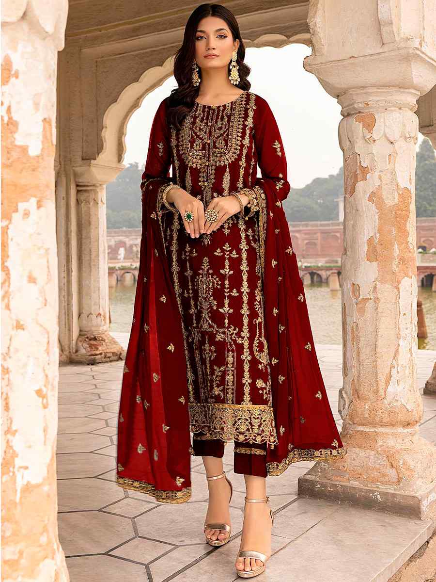 Maroon Heavy Faux Georgette Embroidered Festival Wedding Pant Salwar Kameez