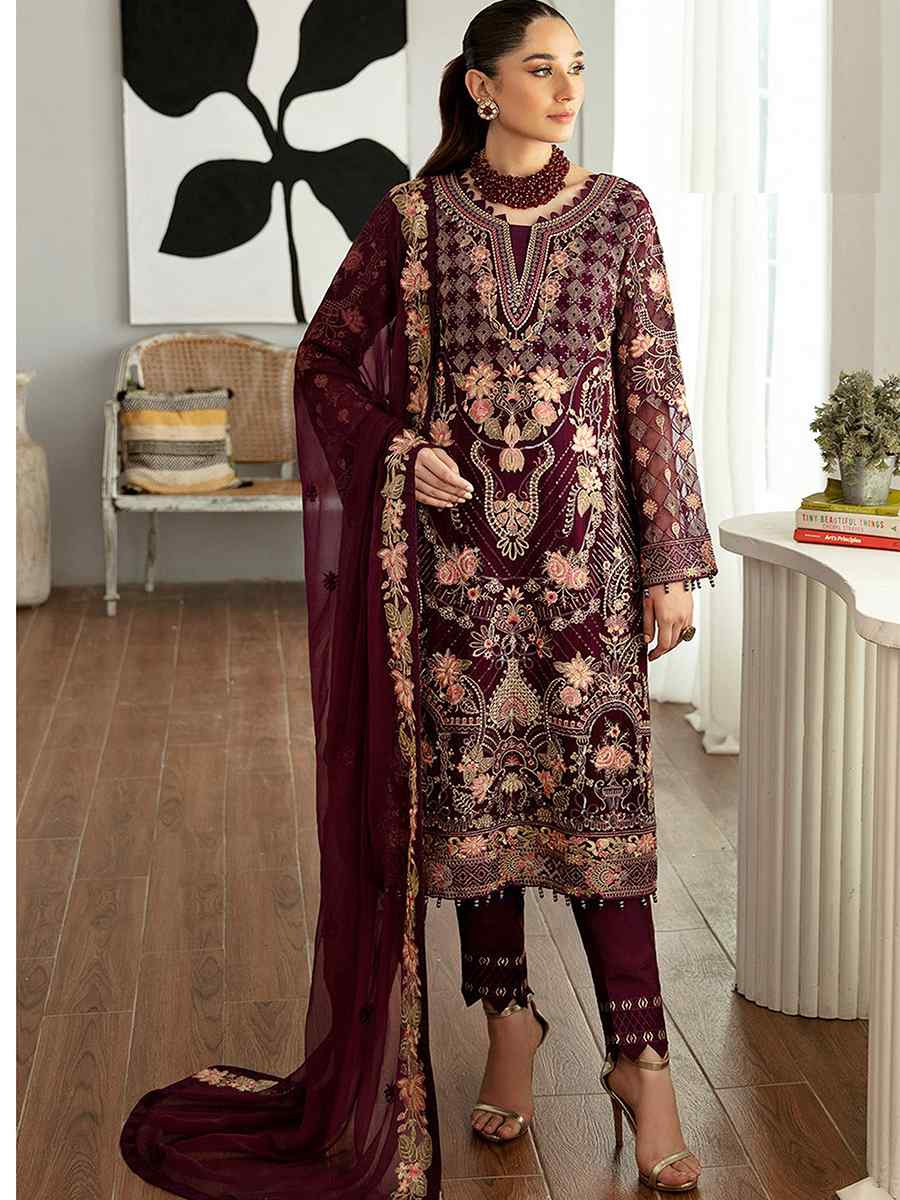 Maroon Heavy Faux Georgette Embroidered Festival Wedding Pant Salwar Kameez