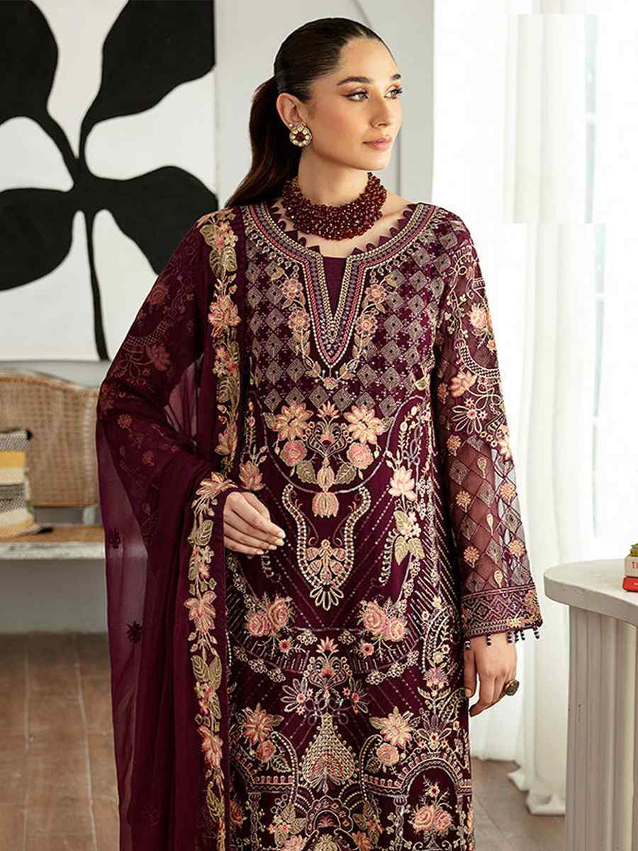 Maroon Heavy Faux Georgette Embroidered Festival Wedding Pant Salwar Kameez