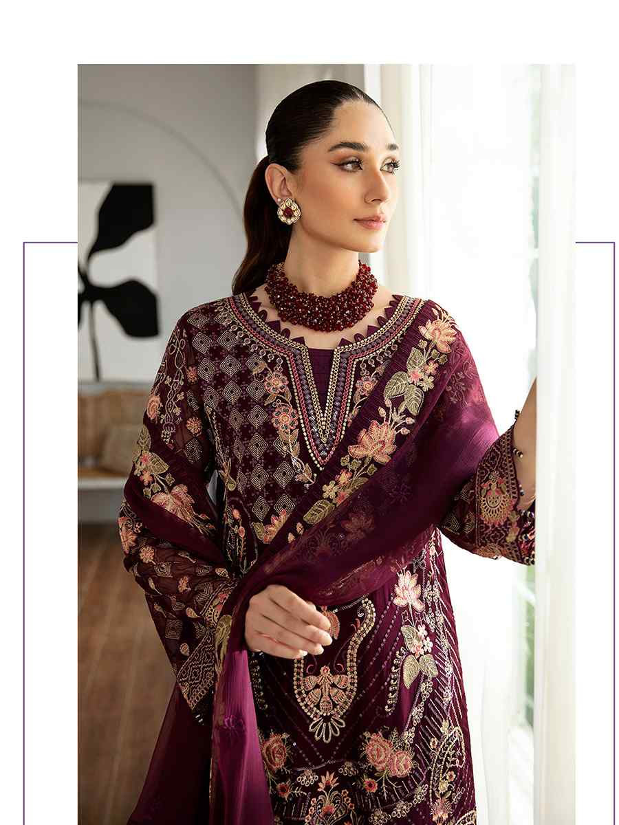 Maroon Heavy Faux Georgette Embroidered Festival Wedding Pant Salwar Kameez