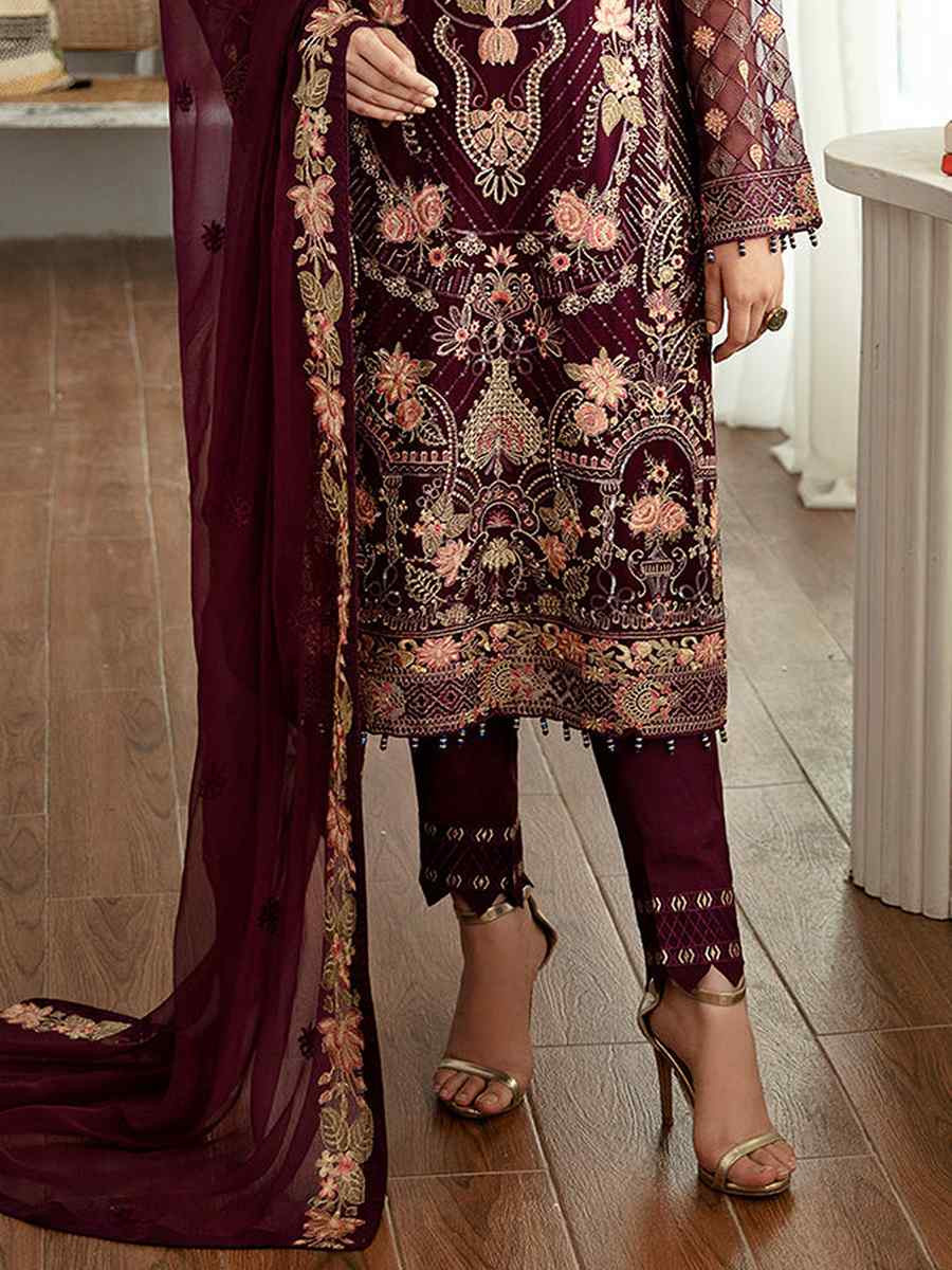 Maroon Heavy Faux Georgette Embroidered Festival Wedding Pant Salwar Kameez