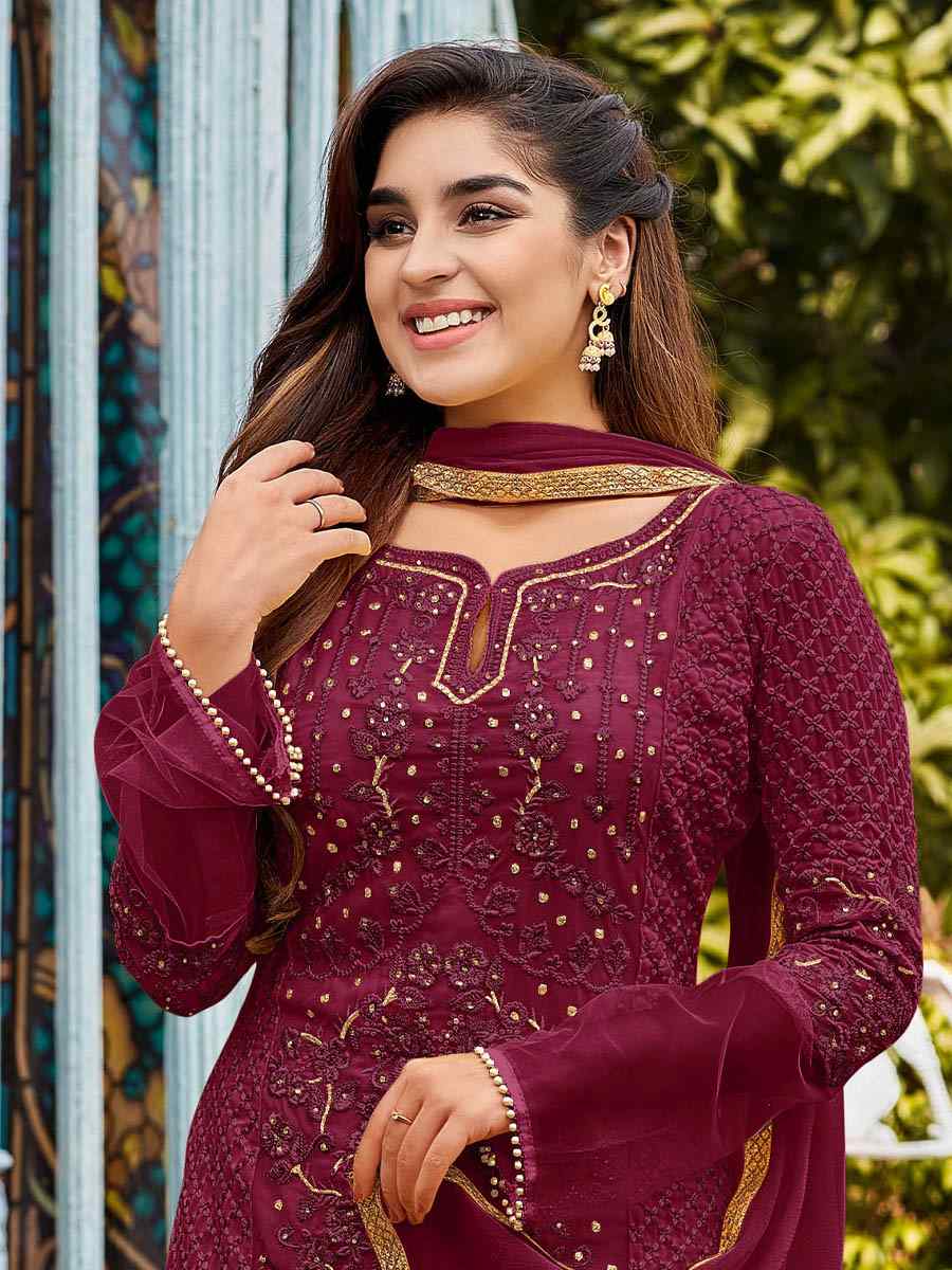 Maroon Heavy Faux Georgette Embroidered Party Pant Salwar Kameez
