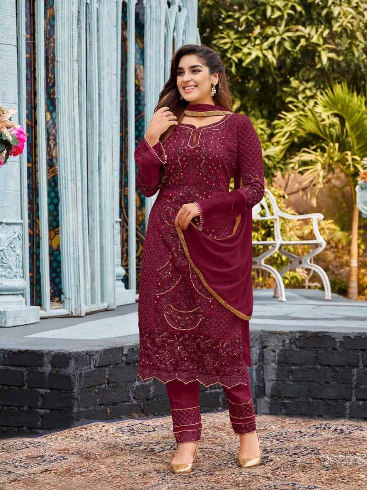 Maroon Heavy Faux Georgette Embroidered Party Pant Salwar Kameez