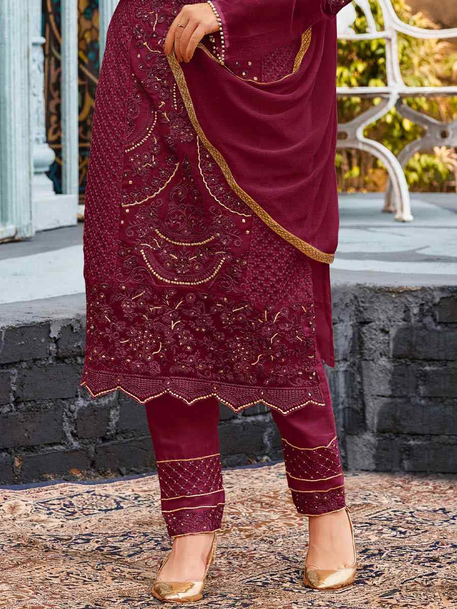 Maroon Heavy Faux Georgette Embroidered Party Pant Salwar Kameez