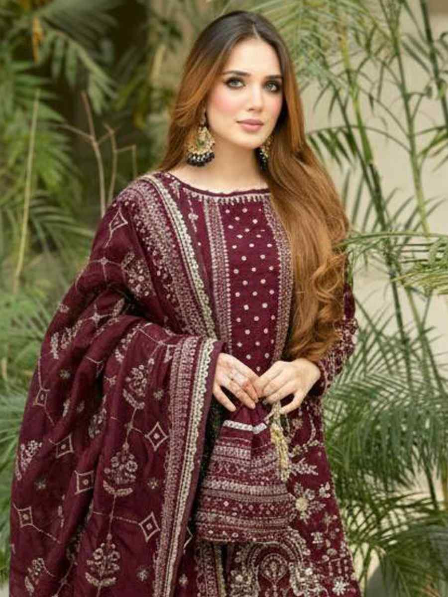 Maroon Heavy Faux Georgette Embroidery Party Wedding Festival Casual Ready Palazzo Pant Salwar Kameez