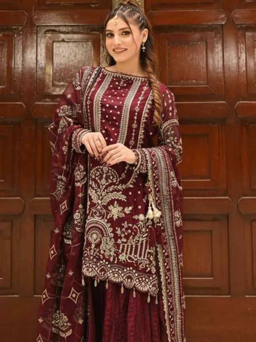 Maroon Heavy Faux Georgette Embroidery Party Wedding Festival Casual Ready Palazzo Pant Salwar Kameez