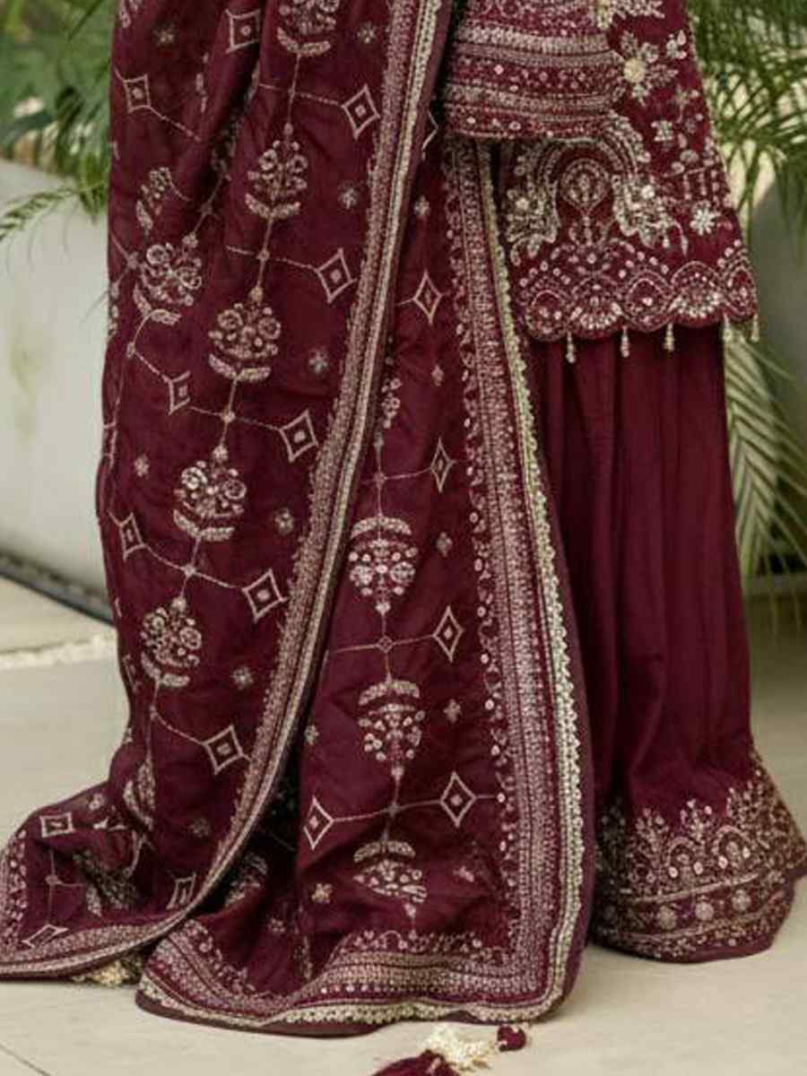 Maroon Heavy Faux Georgette Embroidery Party Wedding Festival Casual Ready Palazzo Pant Salwar Kameez
