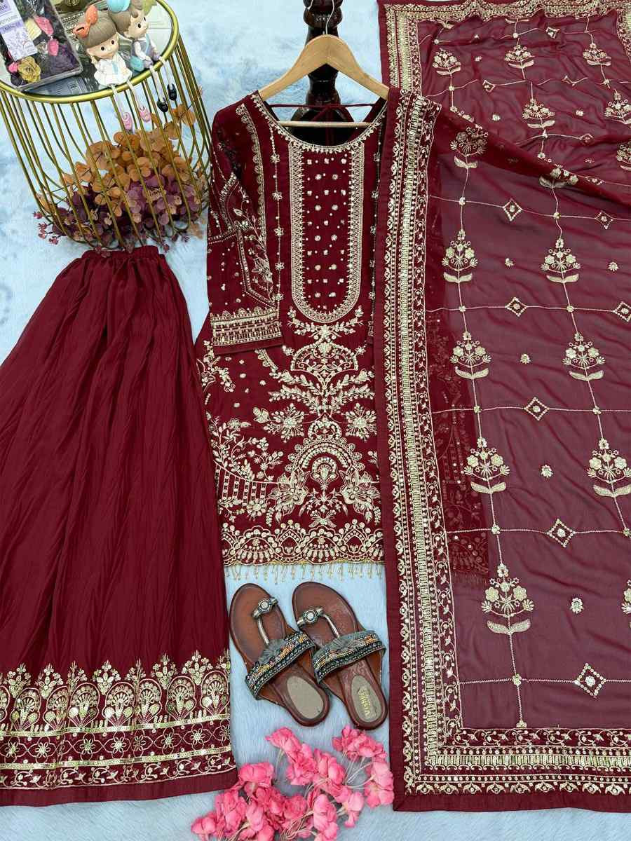 Maroon Heavy Faux Georgette Embroidery Party Wedding Festival Casual Ready Palazzo Pant Salwar Kameez
