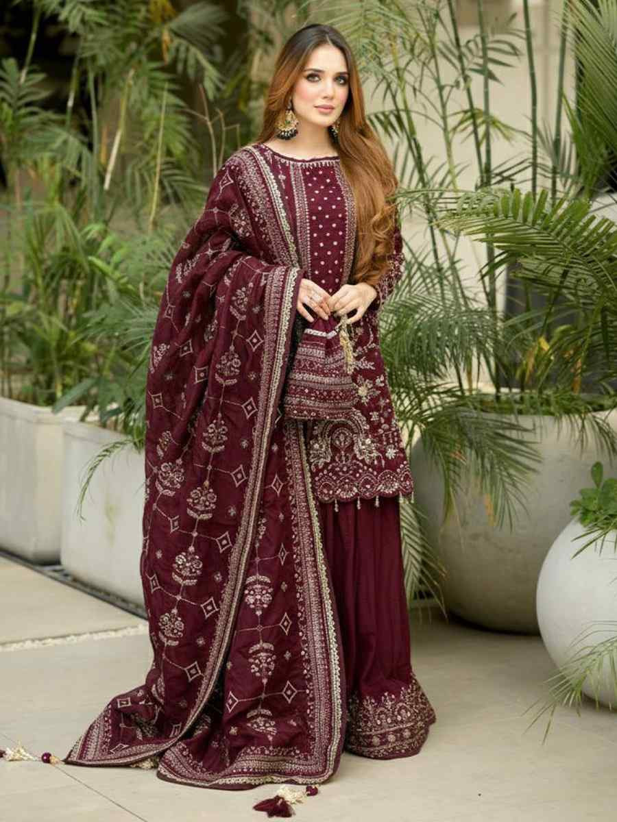 Maroon Heavy Faux Georgette Embroidery Party Wedding Festival Casual Ready Palazzo Pant Salwar Kameez