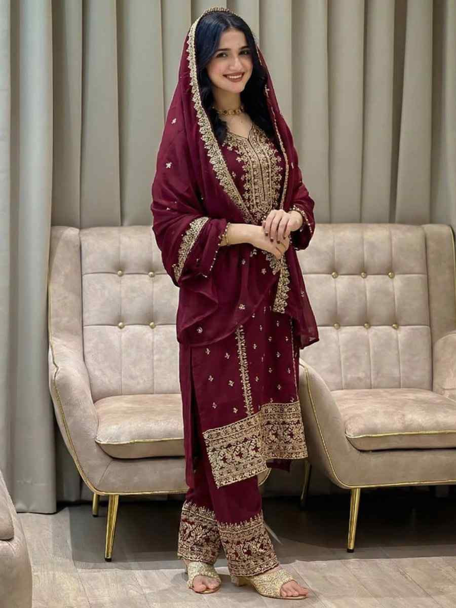 Maroon Heavy Foux Georgette Embroidery Party Wedding Festival Casual Ready Pant Salwar Kameez