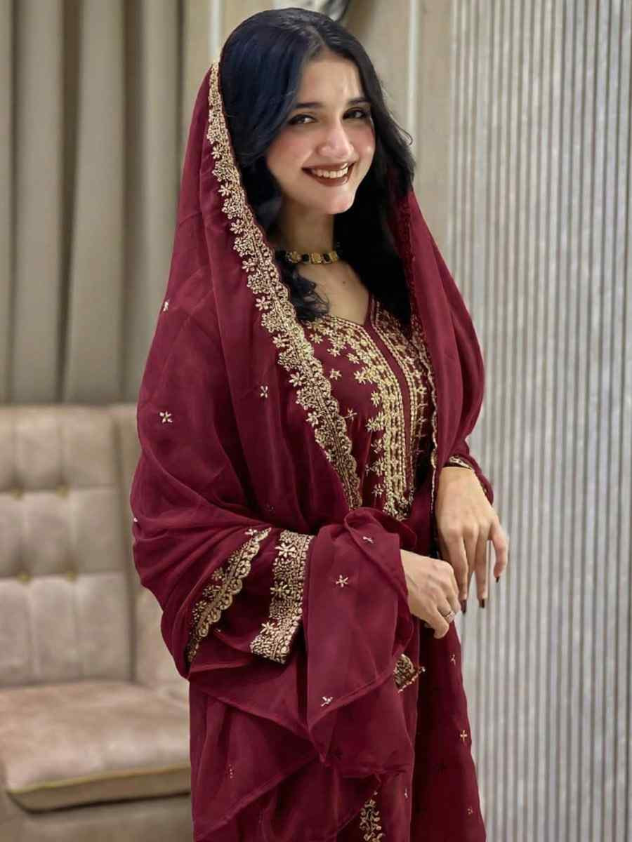 Maroon Heavy Foux Georgette Embroidery Party Wedding Festival Casual Ready Pant Salwar Kameez