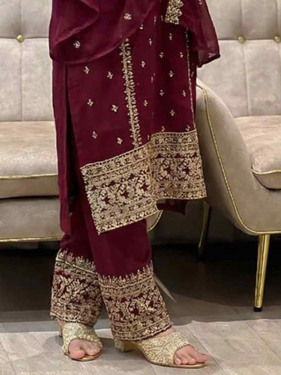Maroon Heavy Foux Georgette Embroidery Party Wedding Festival Casual Ready Pant Salwar Kameez