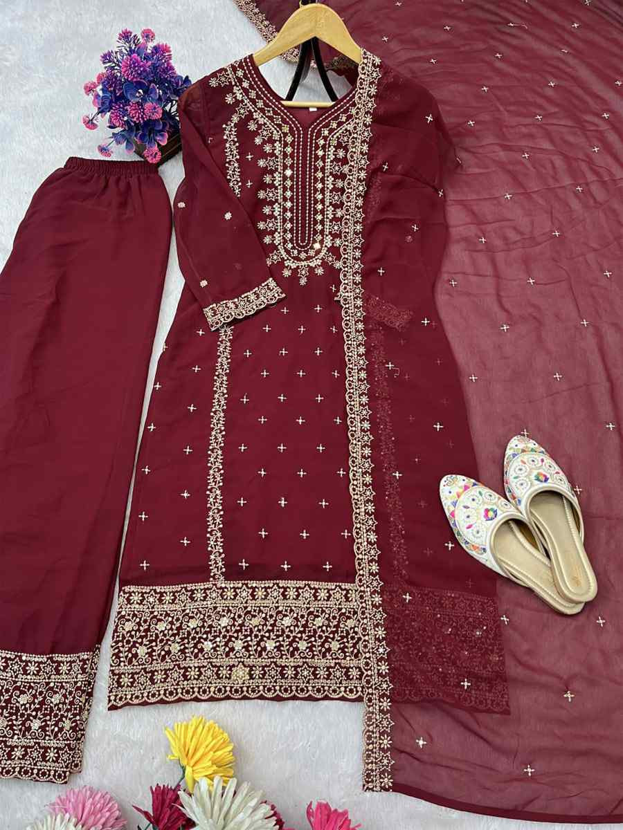 Maroon Heavy Foux Georgette Embroidery Party Wedding Festival Casual Ready Pant Salwar Kameez