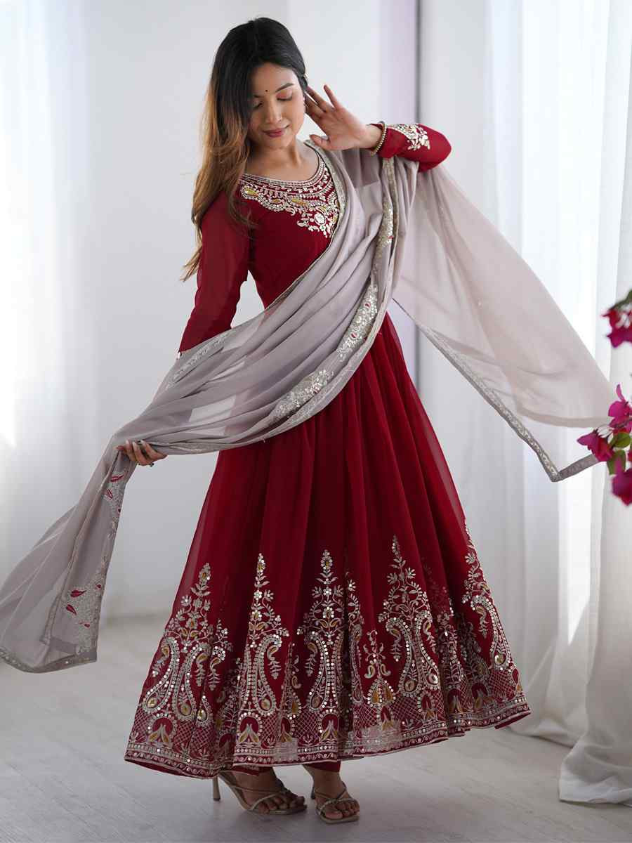 Maroon Heavy Georgette Embroidered Festival Casual Ready Anarkali Salwar Kameez
