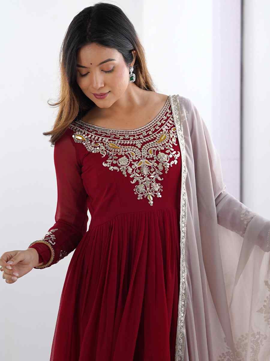 Maroon Heavy Georgette Embroidered Festival Casual Ready Anarkali Salwar Kameez
