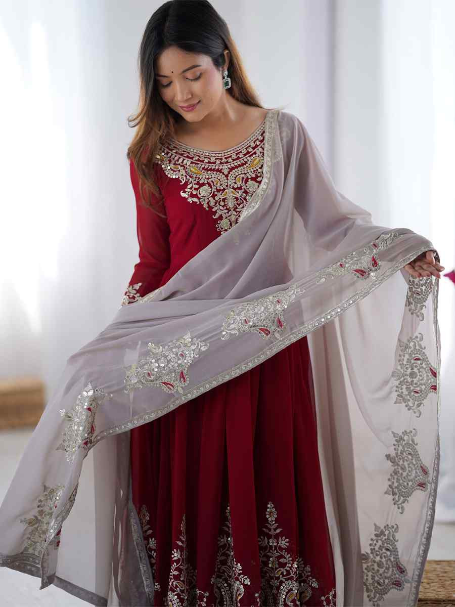Maroon Heavy Georgette Embroidered Festival Casual Ready Anarkali Salwar Kameez