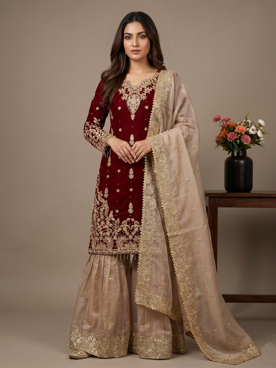 Maroon Heavy Gmy Silk Embroidery Sequins Rivet Moti Work Wedding Party Festival Casual Ready Sharara Pant Salwar Kameez