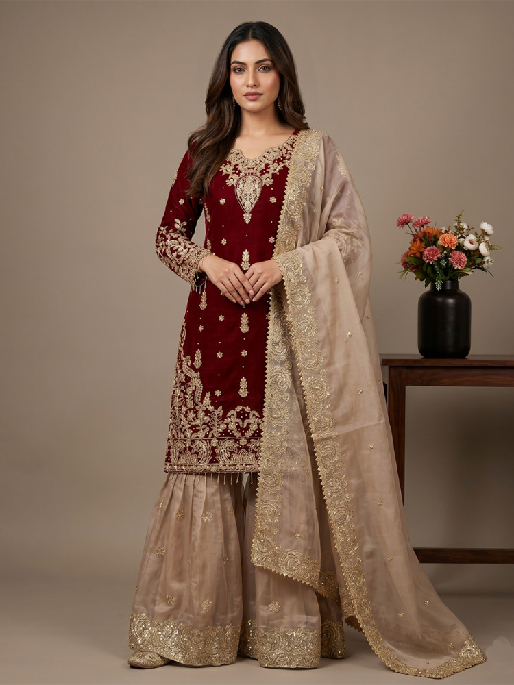 Image of Maroon Heavy Gmy Silk Embroidery Sequins Rivet Moti Work Wedding Party Festival Casual Ready Sharara Pant Salwar Kameez