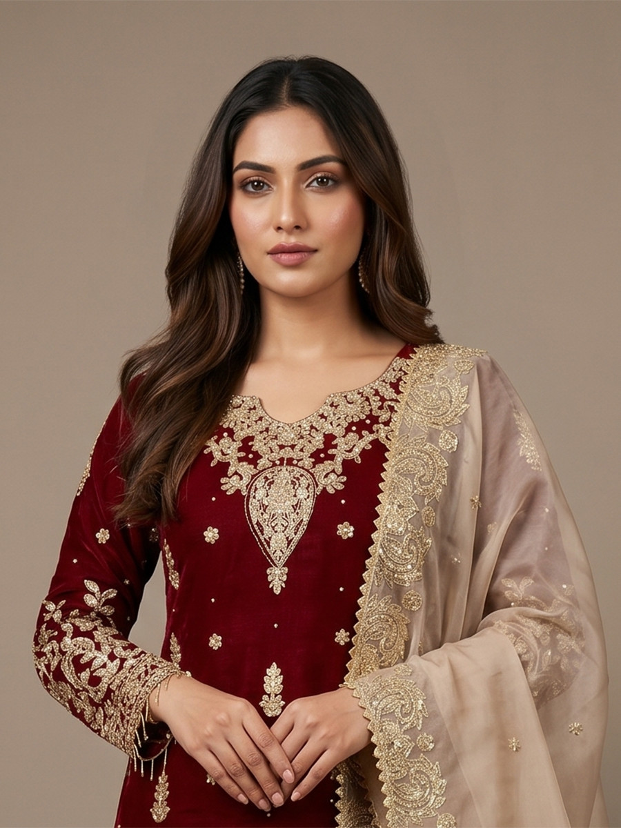 Maroon Heavy Gmy Silk Embroidery Sequins Rivet Moti Work Wedding Party Festival Casual Ready Sharara Pant Salwar Kameez