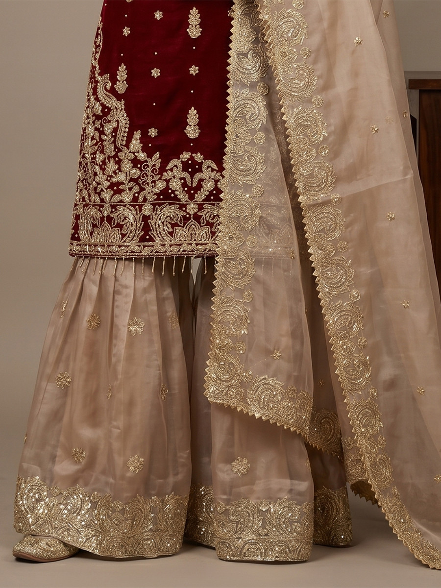Maroon Heavy Gmy Silk Embroidery Sequins Rivet Moti Work Wedding Party Festival Casual Ready Sharara Pant Salwar Kameez