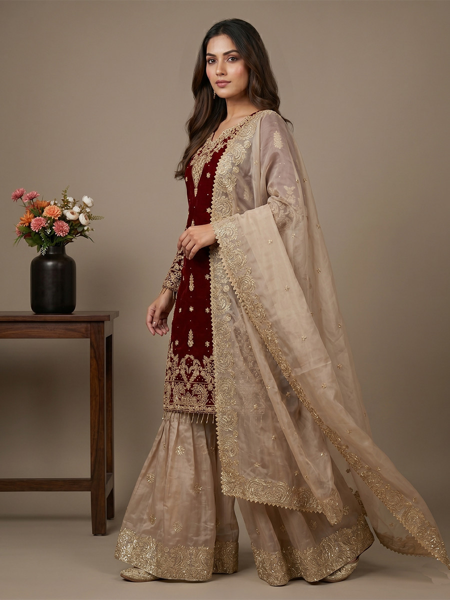 Maroon Heavy Gmy Silk Embroidery Sequins Rivet Moti Work Wedding Party Festival Casual Ready Sharara Pant Salwar Kameez