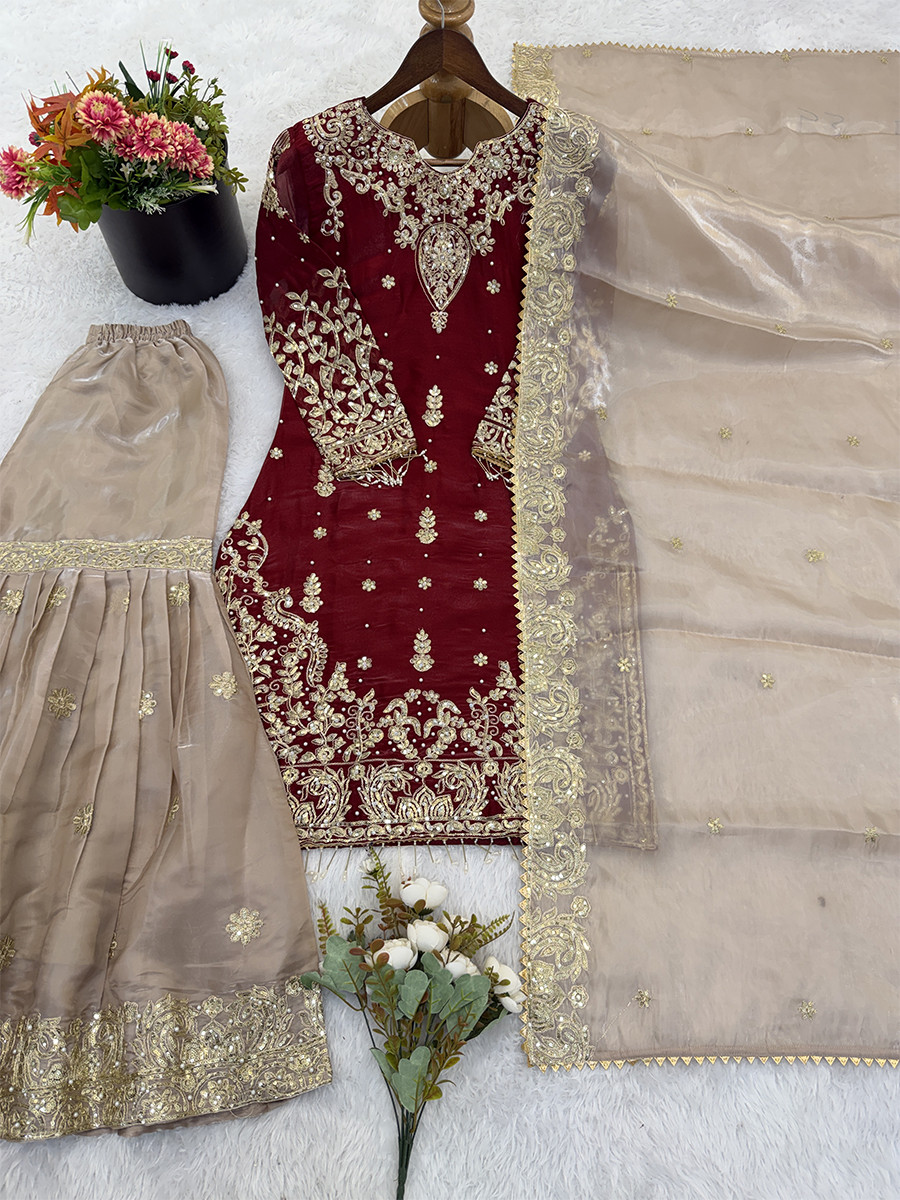 Maroon Heavy Gmy Silk Embroidery Sequins Rivet Moti Work Wedding Party Festival Casual Ready Sharara Pant Salwar Kameez