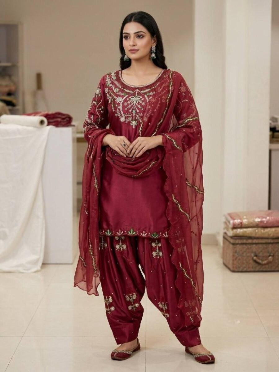 Maroon Heavy Japan Satin Embroidery Sequins Wedding Party Festival Casual Farsi Pant Salwar Kameez