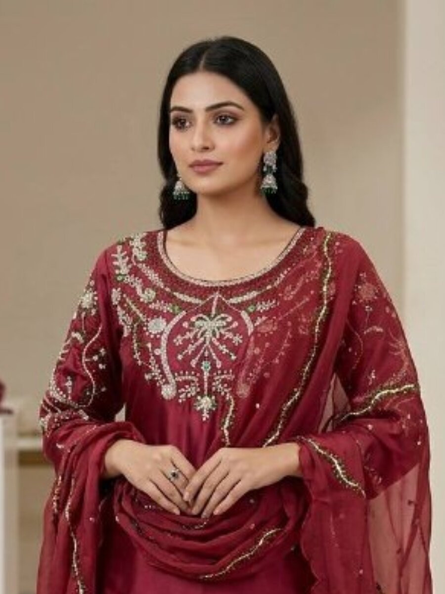 Maroon Heavy Japan Satin Embroidery Sequins Wedding Party Festival Casual Farsi Pant Salwar Kameez