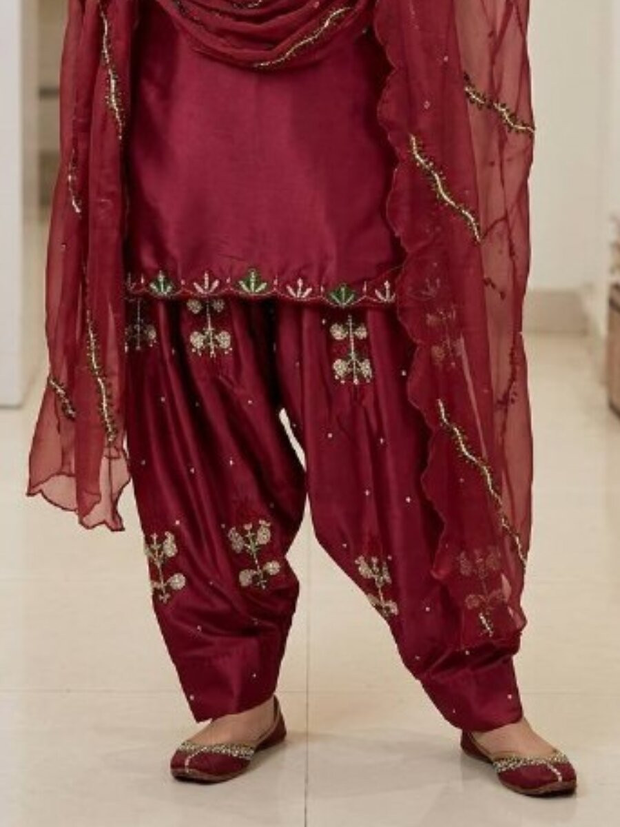 Maroon Heavy Japan Satin Embroidery Sequins Wedding Party Festival Casual Farsi Pant Salwar Kameez