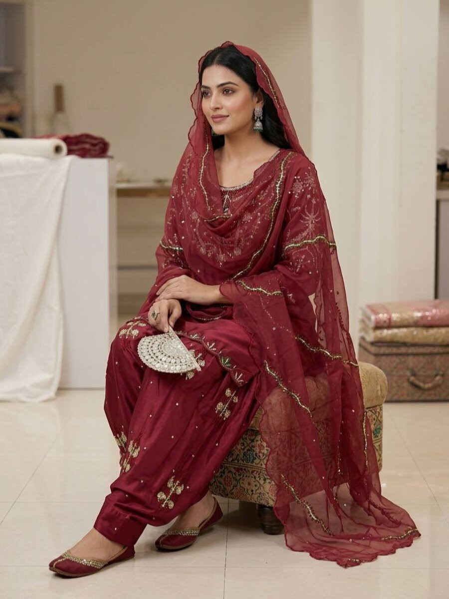 Maroon Heavy Japan Satin Embroidery Sequins Wedding Party Festival Casual Farsi Pant Salwar Kameez