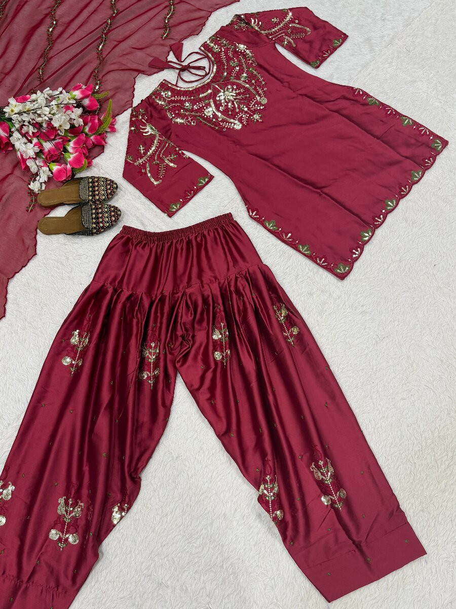 Maroon Heavy Japan Satin Embroidery Sequins Wedding Party Festival Casual Farsi Pant Salwar Kameez
