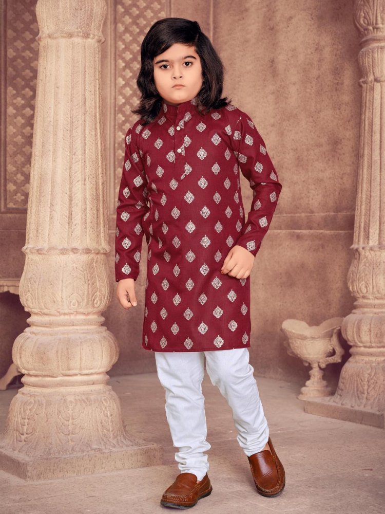 Maroon Heavy Magic Cotton Slub  Printed Festival Traditional Kurta Pyjama Boys Wear